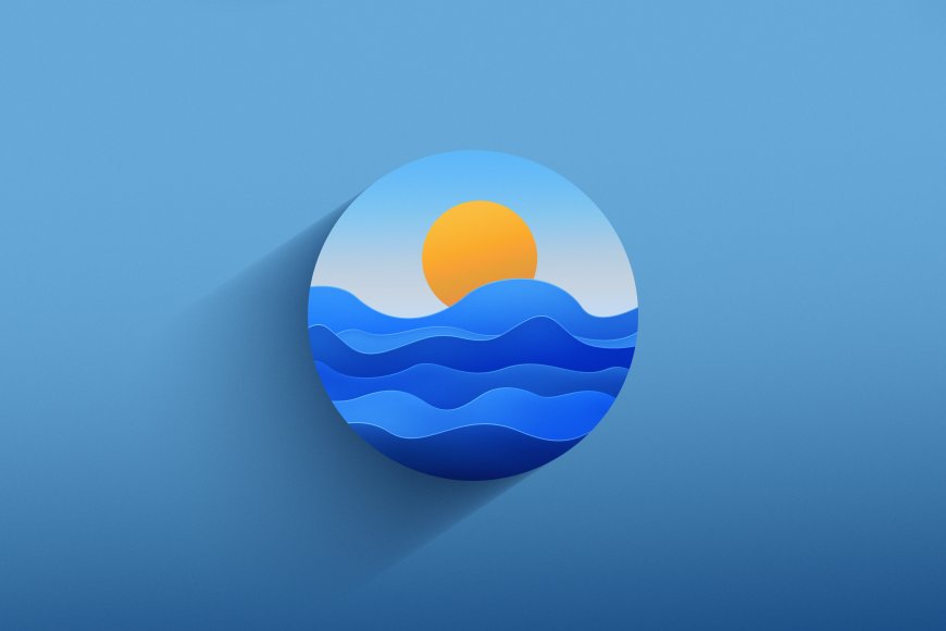 蓝色渐变海浪日出圆形剪纸风风景电脑壁纸
