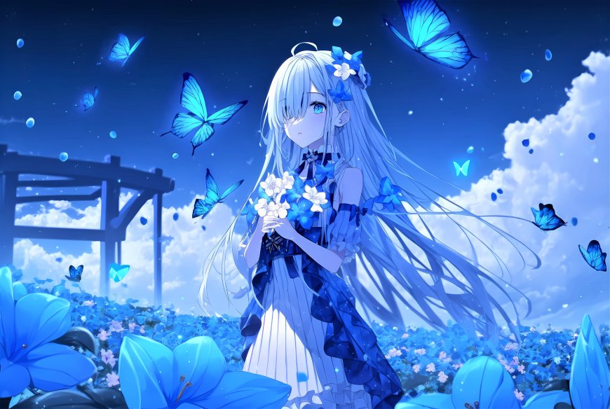 蓝发少女捧花蓝色蝴蝶飘动梦幻花园夜景创意电脑壁纸