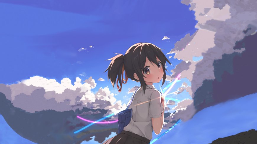 轻音少女平泽唯回眸微笑蓝天白云光效创意电脑壁纸