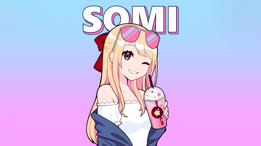 动漫少女SOMI戴粉色墨镜手持奶茶渐变背景动漫电脑壁纸