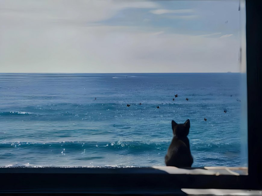 黑猫背影静坐窗前眺望大海风景电脑壁纸
