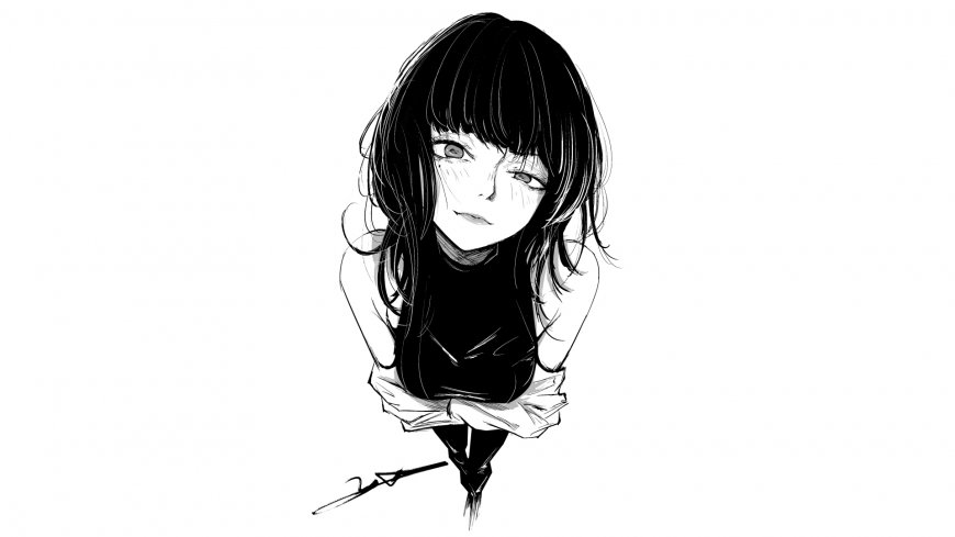 黑发少女黑白线稿插画人物电脑壁纸