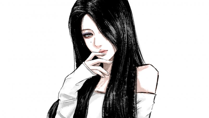 黑长直少女白上衣手托下巴动漫电脑壁纸
