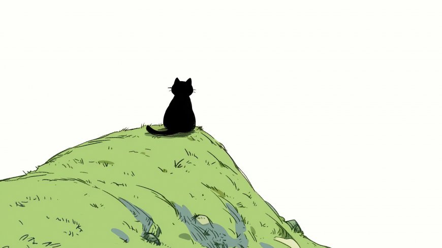 黑猫静坐绿色山坡远眺简约插画电脑壁纸