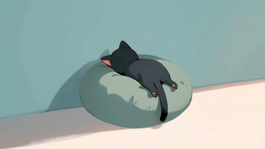黑猫趴软垫酣睡粉色爪垫可爱动漫电脑壁纸