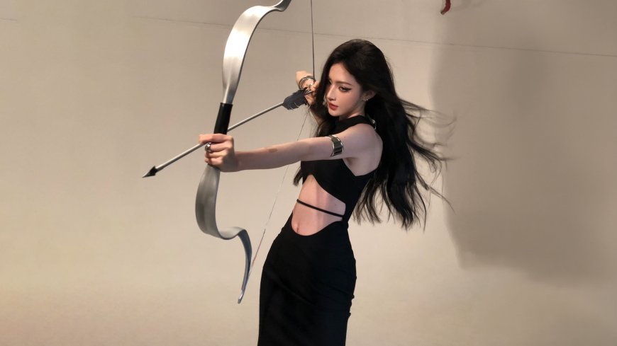 黑发女子拉弓射箭黑色露腰装人物电脑壁纸