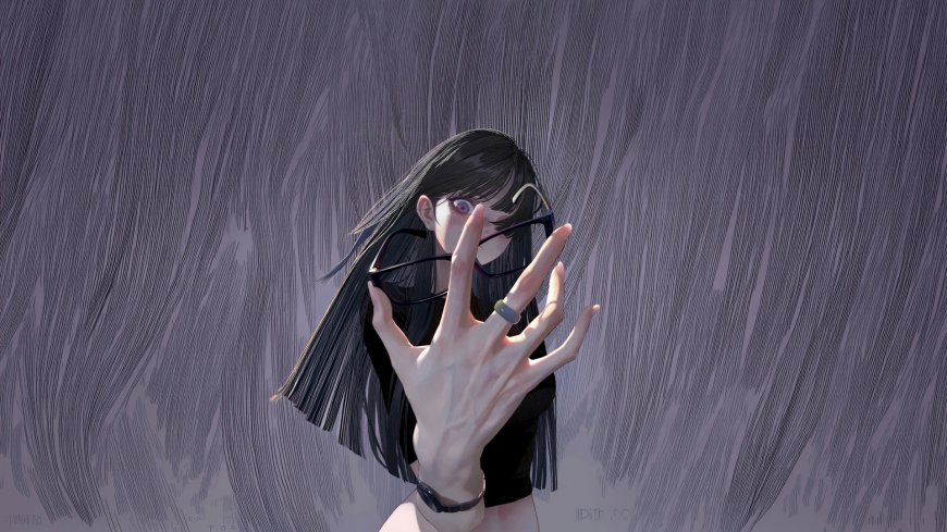黑发少女雨中持伞忧郁氛围动漫电脑壁纸
