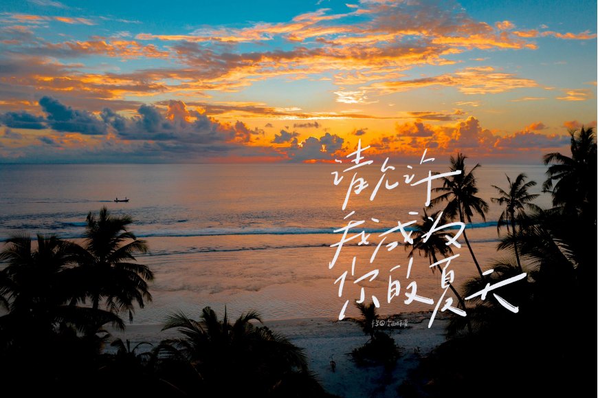 海边日落椰树剪影文字风景电脑壁纸