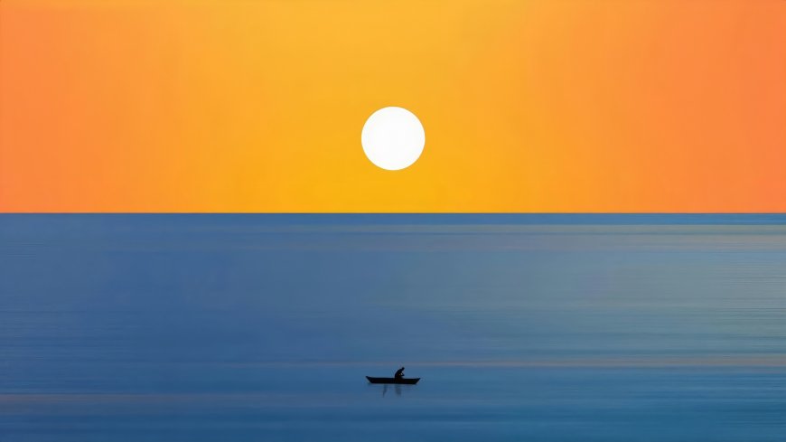 橙色天空下孤舟漂浮海面极简风景电脑壁纸