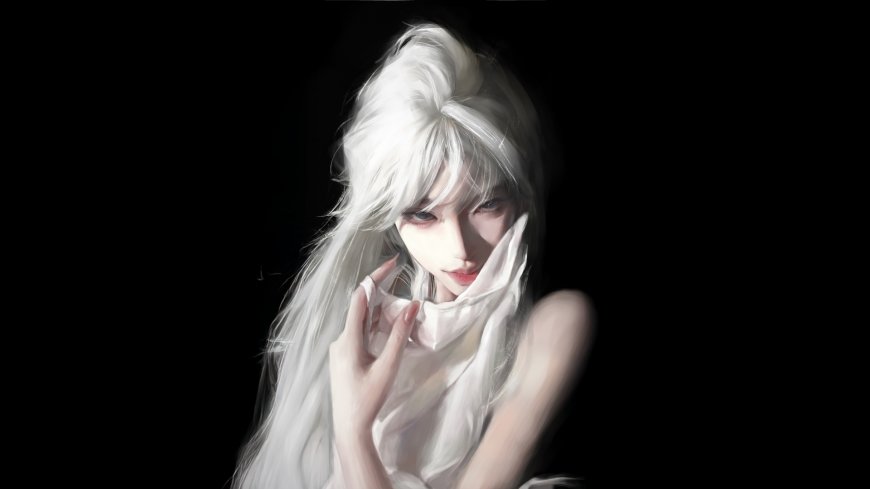 白发少女黑背景光影特写人物电脑壁纸
