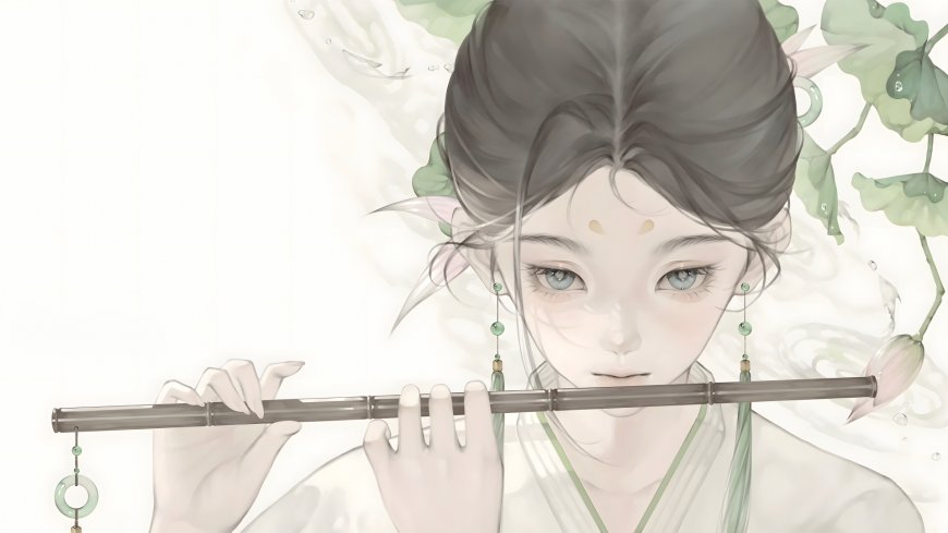 古风精灵少女吹奏竹笛荷花背景动漫电脑壁纸