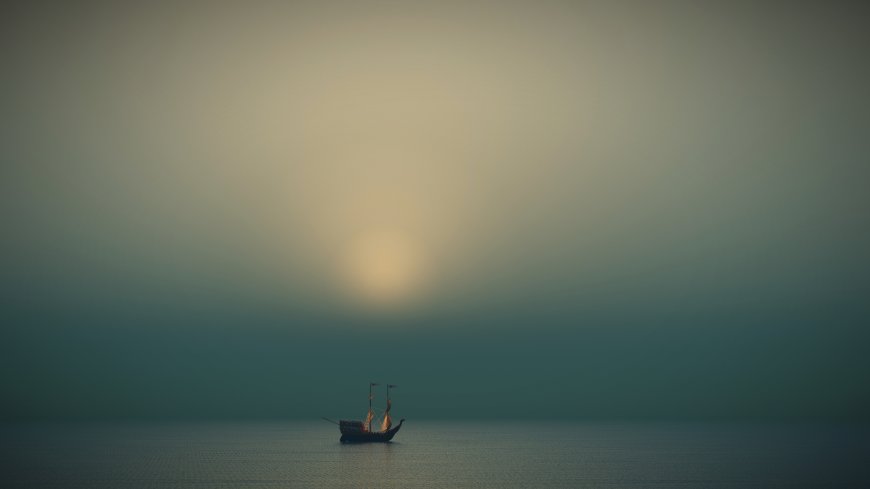 薄雾海面孤舟航行日出光线风景电脑壁纸
