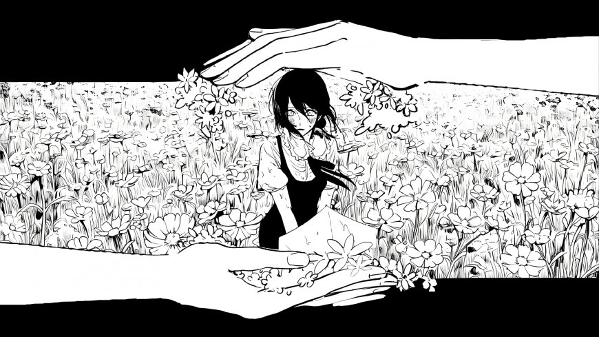 电锯人蕾塞黑白漫画花海中伸手动漫电脑壁纸