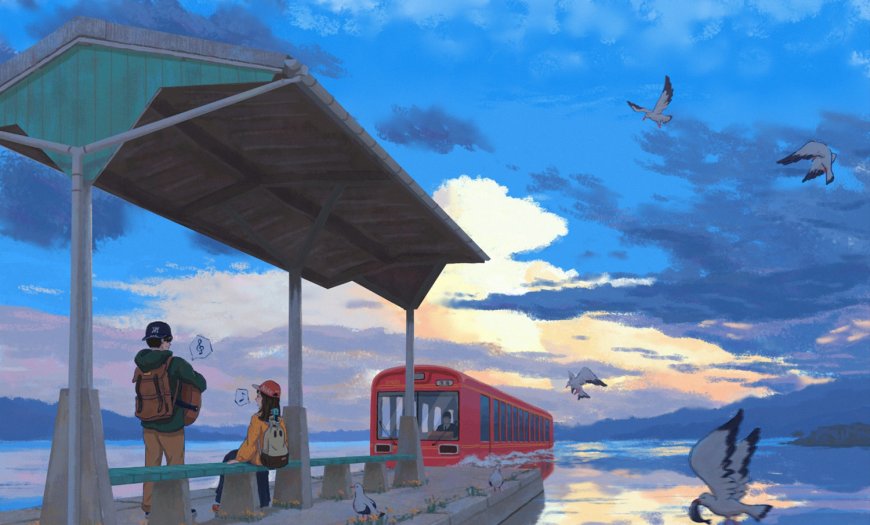 海边车站红色列车情侣候车日落动漫电脑壁纸