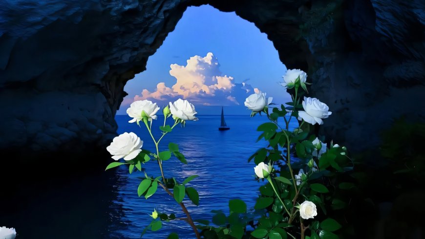 洞穴白玫瑰海景帆船浪漫风景电脑壁纸