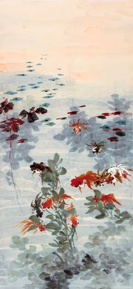 金鱼戏水国画艺术风景手机壁纸
