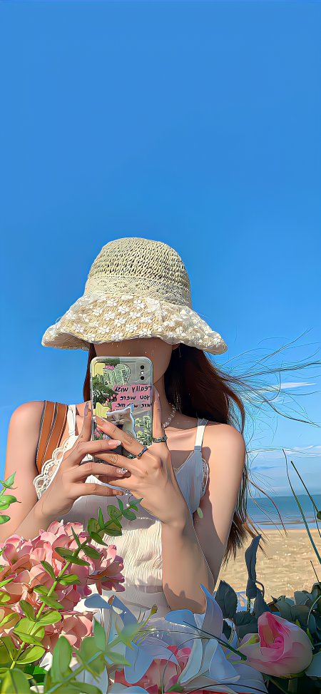 戴草帽女生海边自拍夏日清新人像手机壁纸
