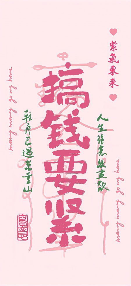 粉色背景搞钱要紧书法字招财创意手机壁纸