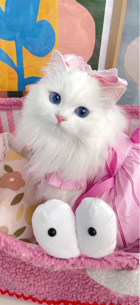 蓝眼睛白色长毛猫穿粉色裙可爱动物手机壁纸