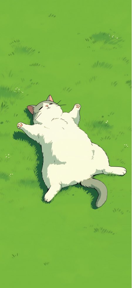 白色猫咪绿草地仰躺慵懒治愈系创意手机壁纸