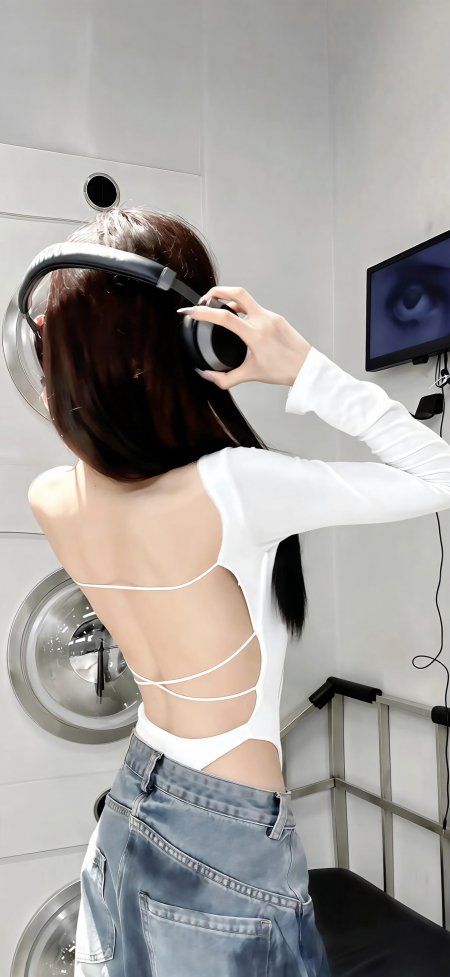 洗衣房白上衣牛仔裤背影听音乐女生人物手机壁纸