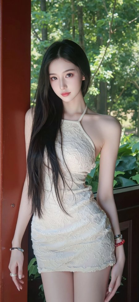 米白色挂脖刺绣短裙女子林间站立清新人物手机壁纸