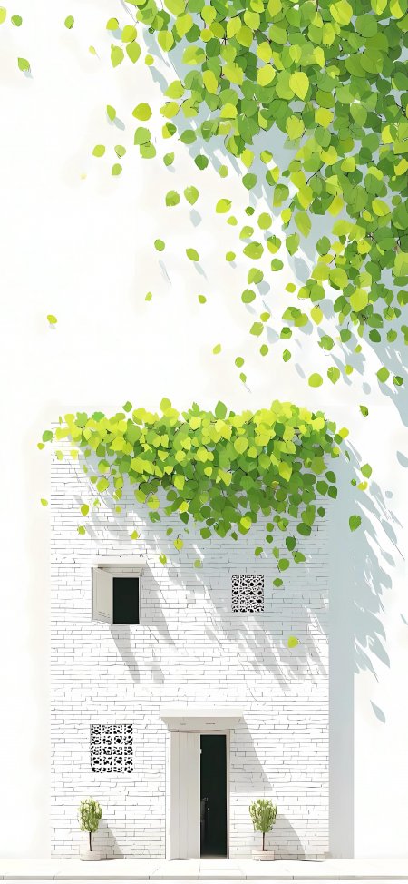 白色砖墙建筑前绿叶垂落阳光洒落清新创意手机壁纸