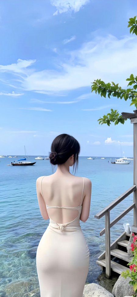 海边露背长裙美女背影优雅性感人物手机壁纸