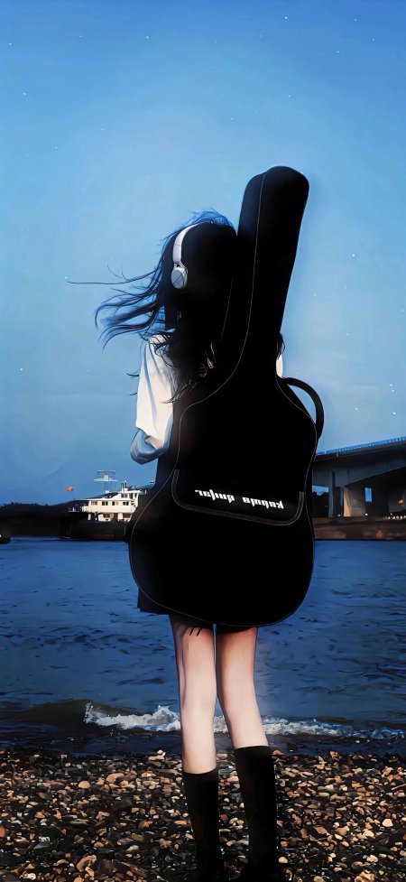海边吉他包女生背影与星空大桥氛围人物手机壁纸