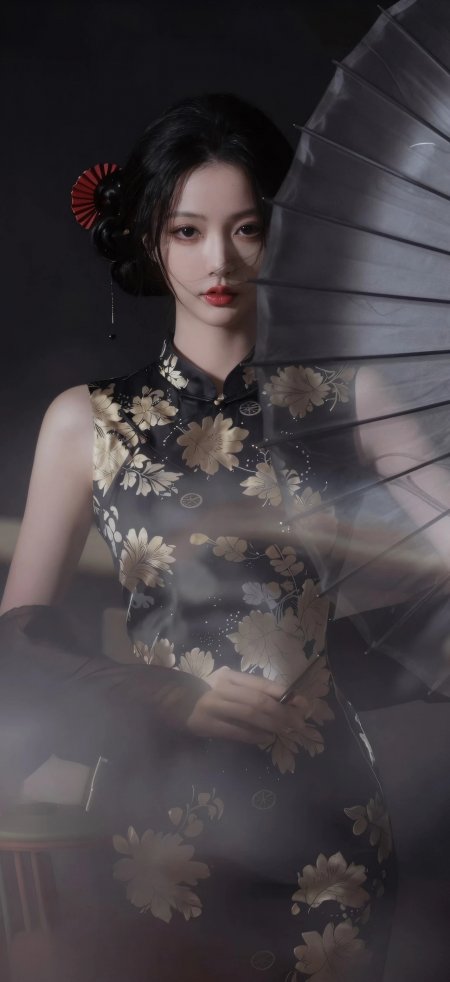 黑底金花旗袍红扇古典美人持伞人物手机壁纸