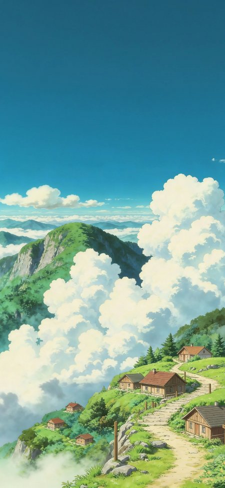 云海山间木屋小路风景手机壁纸