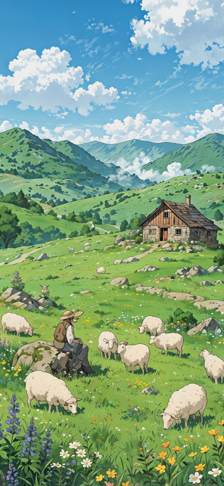 牧羊人坐岩石旁羊群绿野小屋动漫风景手机壁纸