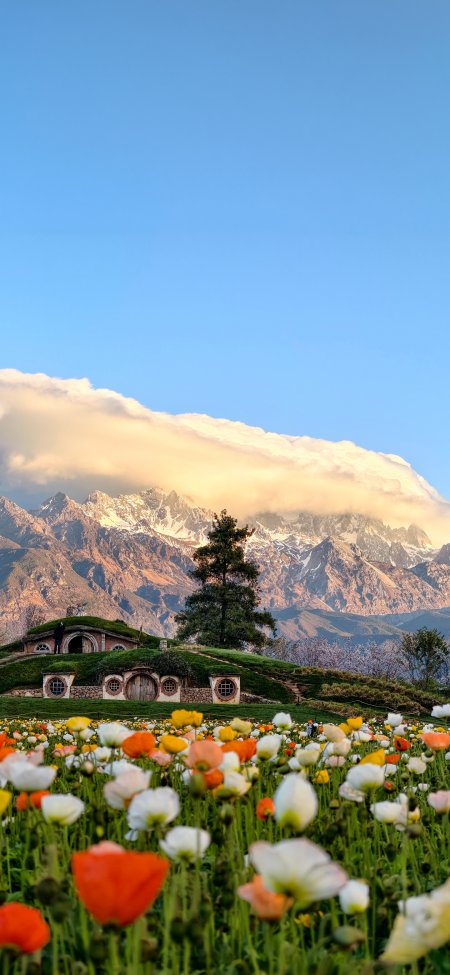 霍比特人风格小屋雪山花海童话风景手机壁纸