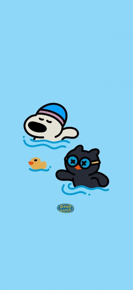 卡通小狗与黑猫游泳小黄鸭蓝色背景可爱动漫手机壁纸