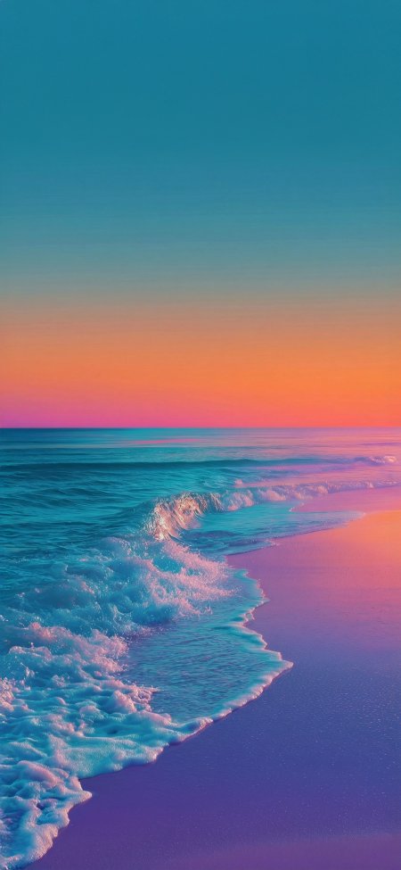 梦幻海滩日落渐变粉紫海浪温柔风景手机壁纸