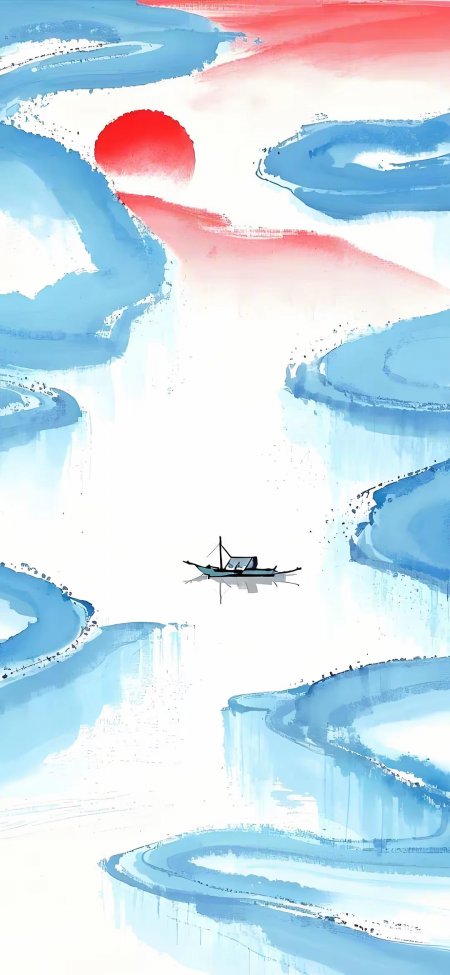 红日蓝山孤舟水墨意境淡雅风景手机壁纸