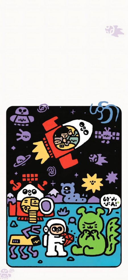 卡通宇航员火箭外星生物多彩太空探险创意手机壁纸