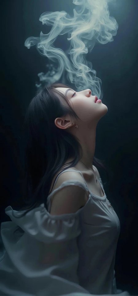 闭眼美女昂头吐烟雾冷艳性感人物手机壁纸