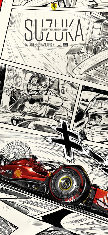法拉利F1赛车铃鹿赛道漫画风格创意手机壁纸