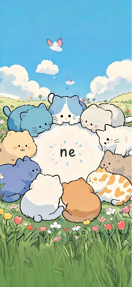 多只猫咪围圈草地插画可爱风动漫手机壁纸