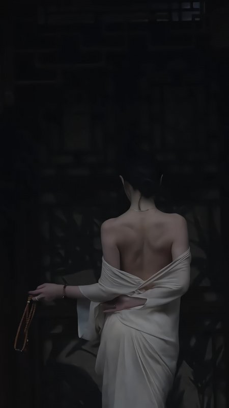 白衣女子露背持念珠暗黑古风意境人物手机壁纸