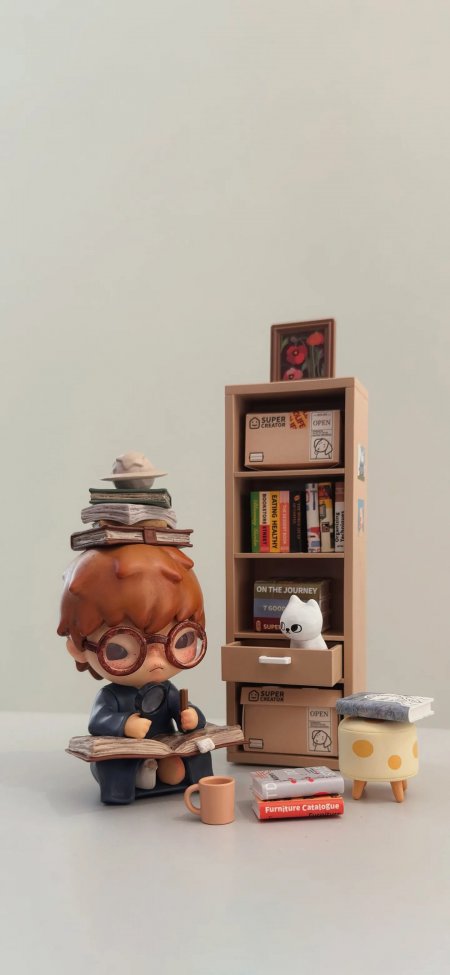 戴眼镜男孩头顶书本书架猫咪场景创意手机壁纸