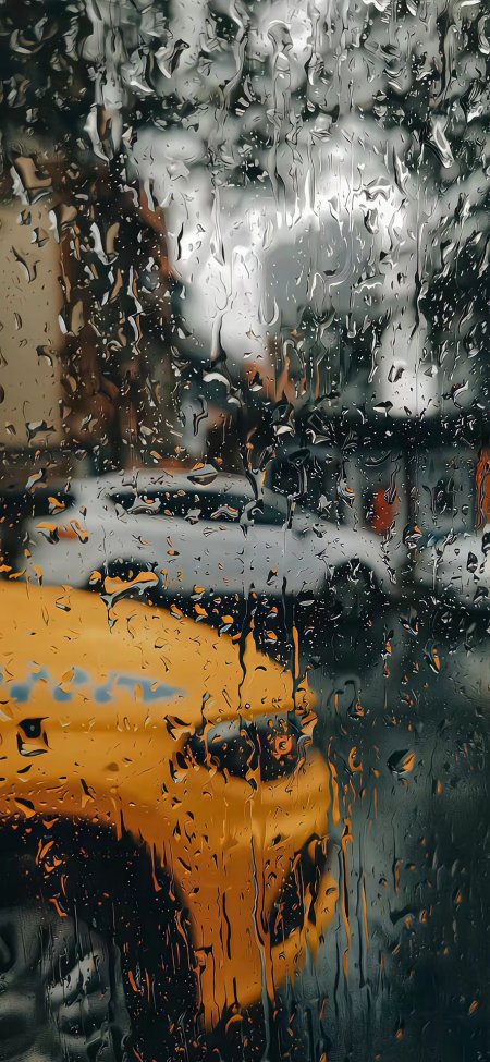 雨滴模糊车窗与黄色出租车城市雨景创意手机壁纸