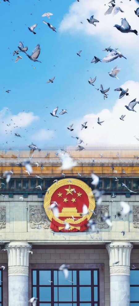 人民大会堂上方国徽与飞翔和平鸽爱国风景手机壁纸
