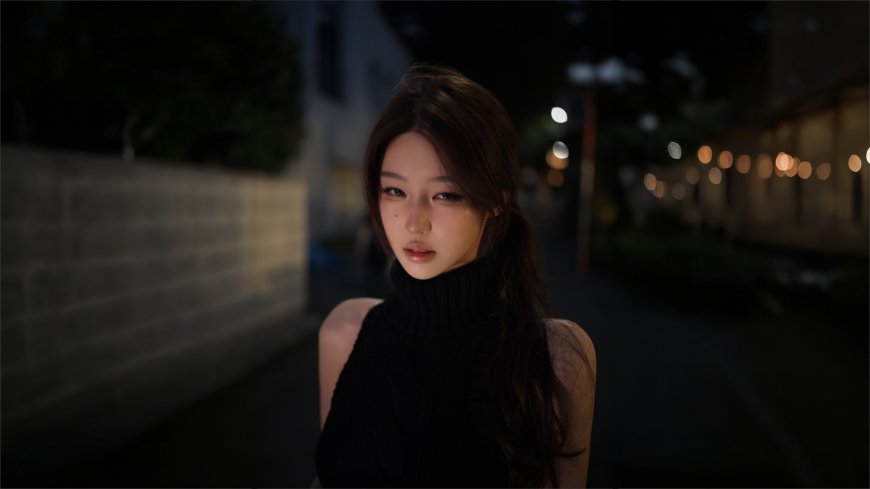 夜晚街头长发女子黑色高领毛衣人像电脑壁纸