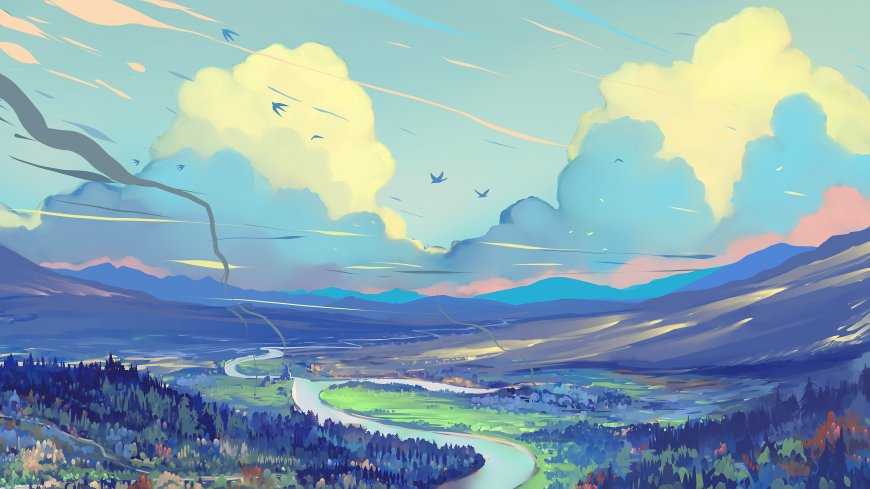 治愈系山谷河流森林与飞鸟插画电脑壁纸