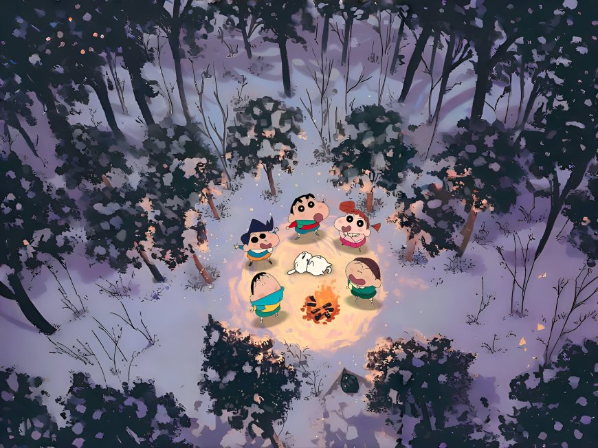 蜡笔小新与伙伴们雪地篝火取暖温馨动漫电脑壁纸