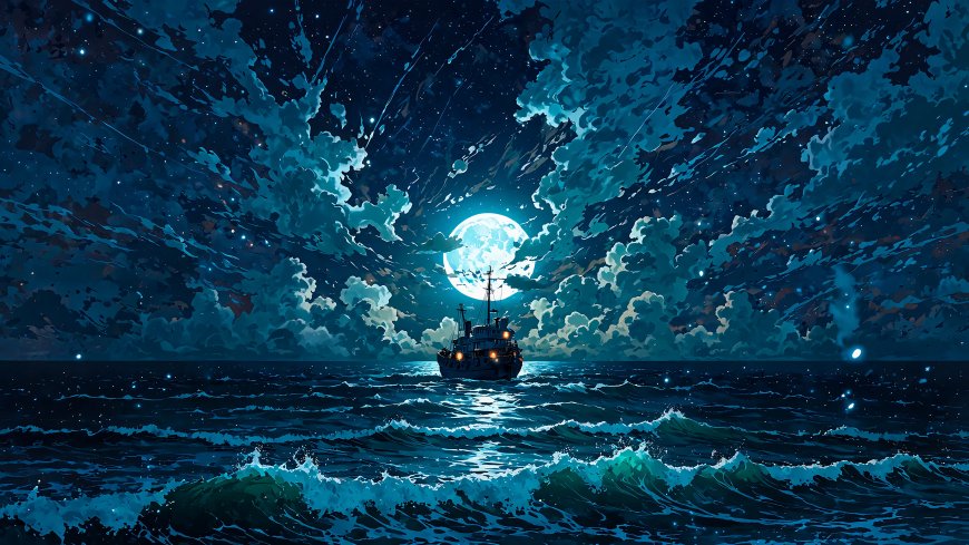 夜海渔船明月星空静谧风景电脑壁纸