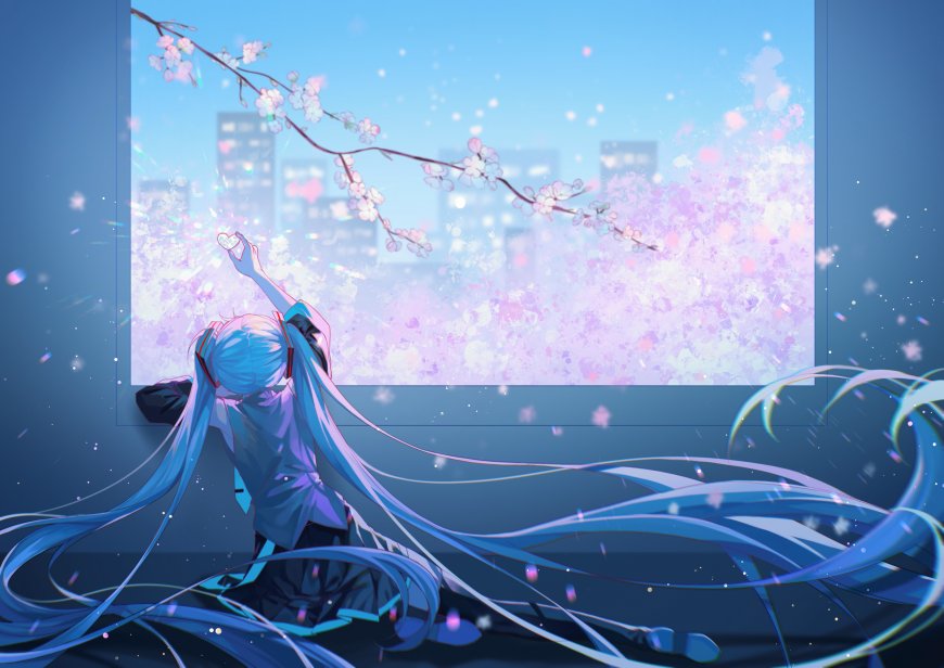初音未来伸手触碰樱花城市夜景唯美动漫电脑壁纸