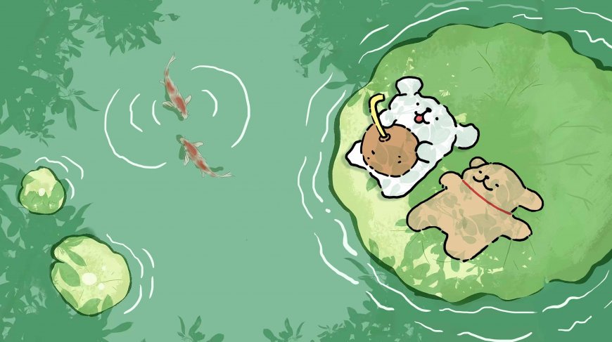 线条小狗荷叶泳池戏水夏日治愈动漫电脑壁纸